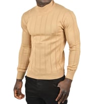 DeepSEA Erkek  Slim Fit Likralı Tüylenme Yapmayan Yarım Balıkçı Çizgili Triko Yarım Boğazlı Kazak 2505503 (Camel)