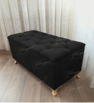 Lüks Sandıklı Kapitoneli Ayakucu Puf Bench 110 cm Gold Ayak (Siyah)