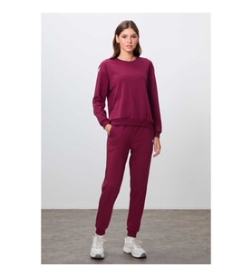Pamuklu Pürüzsüz Dokulu O Yaka Kalın Oversize Fit Kadın Eşofman Takımı (Bordo)