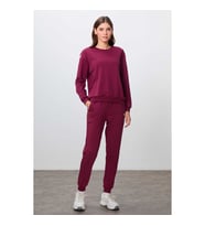 Pamuklu Pürüzsüz Dokulu O Yaka Kalın Oversize Fit Kadın Eşofman Takımı (Bordo)
