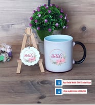 İsme Özel İsim Yazılı Kupa Bardak Kırmızı ve Ahşap Anahtarlık Hediye (Model 8)