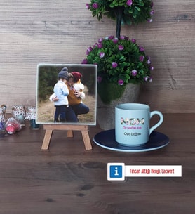 Anneye Hediye Fotoğraflı Dekoratif Taş, Ahşap Altlıklı Türk Kahvesi Fincanı Hediye (Model 4)
