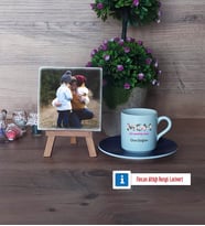 Anneye Hediye Fotoğraflı Dekoratif Taş, Ahşap Altlıklı Türk Kahvesi Fincanı Hediye (Model 4)