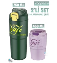 Vagonlife 2'li Çelik Termos-Kahve Bardağı Seti 750ML Çift Kullanım Termos//450ML Mug Kahve Bardağı (Mor-Yeşil)