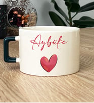Kalp ve İsim Yazılı Hediye Lüks Fincan Sevgiliye Sevgililer Günü Hediyesi (Koyu Yeşil)