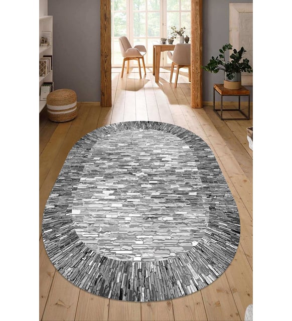 Dijital Baskılı Kaymaz Taban Yıkanabilir Oval Salon Halısı Mutfak Halısı Yolluk NDO-SD-232 (Gri)