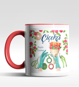 Kişiye Özel Çiçekçi Tasarımlı Siyah Kupa (Kırmızı-Beyaz)