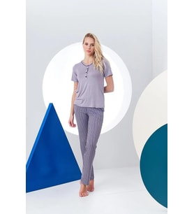 Pjs 24157 Kadın Çizgili Patlı Kısa Kol Pijama Takım