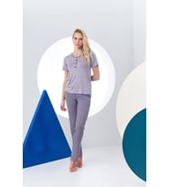 Pjs 24157 Kadın Çizgili Patlı Kısa Kol Pijama Takım