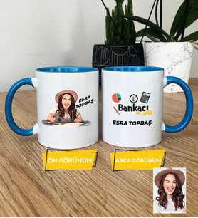 Kişiye Özel Karikatürlü Kadın Bankacı Kupa Bardak Kadın Bankacıya Hediye (Mavi)