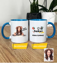 Kişiye Özel Karikatürlü Kadın Bankacı Kupa Bardak Kadın Bankacıya Hediye (Mavi)