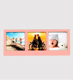 Kişiye Özel 3 Fotoğraflı Dekoratif Masaüstü Ahşap Fotoğraf Çerçevesi (Pembe)