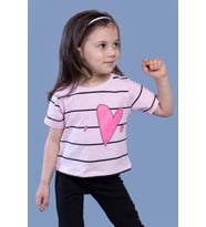 Toontoy Kız Çocuk Çizgli Kalp Baskılı Taş İşlemeli Tişört (Açık Pembe)