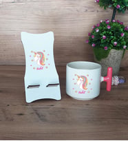 Unicorn Hediye Sepeti Kupa Bardak T Kulplu ve Ahşap Telefon Standı Kadın Arkadaşa Doğum Günü Hediyesi (Model 4)