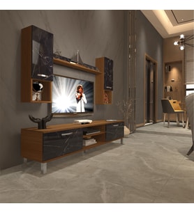 Decoraktiv Eko 5da Mdf Dvd Krom Ayaklı Tv Ünitesi Tv Sehpası (Ceviz - Siyah Mermer)