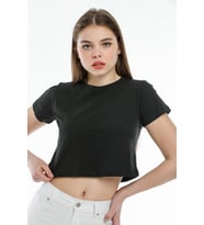 Süperlife Kadın Bisiklet Yaka Crop Örme Slim Fit Tişort SPR21Y13 (Siyah)