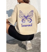 Unisex Butterfly & Letter Graphic Tasarım Tshirt (Bej)