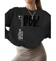 kalın Sweatshirt Bej kadın bisiklet yaka unisex Sweatshirt erkek 3 iplik şardonlu İnanın. sokak (Siyah)