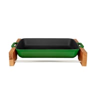 Lava Döküm Dikdörtgen Rosto ve Fırın Tepsisi Kayın Servis Ahşabı Döküm Demir Yekpare Çift Kulplu Ölçü 22x30cm. (Yeşil)