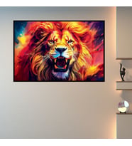 Metal Çerçeveli Yatay Cam Sarı Kırmızı Kükreyen Aslan (Siyah)