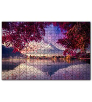 Cakapuzzle Sonbaharda Göldeki Kayık ve Karlı Zirve  Puzzle Yapboz MDF (Ahşap) (1000 Parça)