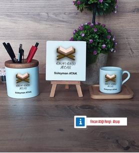 Kuran Kursu Hocası Hediye Seti Dekoratif Taş, Kalemlik, Ahşap Altlıklı Türk Kahvesi Fincanı Hediye (Model 1)