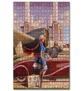 Cakapuzzle Eski Uçak Araba ve Mavi Elbiseli Kadın Puzzle Yapboz MDF (Ahşap) (500 Parça)