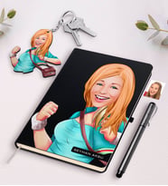 BK Gift Kişiye Özel Kadın Karikatürlü Beyaz Defter Kalem Ve Anahtarlık Hediye Seti-52 (Model 2)