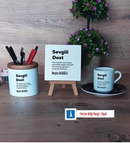 Arkadaşa Hediye Hediye Seti Dekoratif Taş, Kalemlik, Ahşap Altlıklı Türk Kahvesi Fincanı Hediye (Model 7)