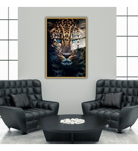 Metal Çerçeveli Temperli Cam Tablo Mavi Gözlü Leopar (Gold)