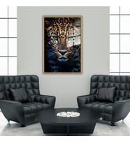 Metal Çerçeveli Temperli Cam Tablo Mavi Gözlü Leopar (Gold)