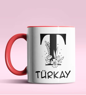 Kişiye Özel T Harfi Romantik Tasarım Siyah Renk Kupa (Kırmızı)