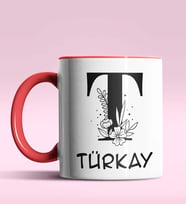 Kişiye Özel T Harfi Romantik Tasarım Siyah Renk Kupa (Kırmızı)