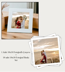 İkisi Bir Arada 10x10 Kare Çerçeve + 10 adet 10x10 Solmaz Fotoğraf Baskı (Beyaz)
