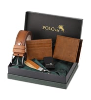 Polo Air Kemer Cüzdan Kartlık Anahtarlık ve Benzinli Çakmak Hediyelik Kutusunda CHM-09 (Taba)