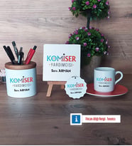 Komiser Yardımcısı Hediye Seti Dekoratif Taş, Kalemlik, Ahşap Altlıklı Türk Kahvesi Fincanı, Ahşap Anahtarlık Hediye (Model 8)
