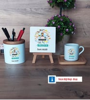 Blogger Hediye Seti Dekoratif Taş, Kalemlik, Ahşap Altlıklı Türk Kahvesi Fincanı Hediye (Model 1)