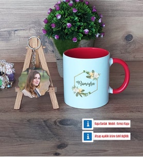 Doğum Günü Hediyesi Kupa Bardak Beyaz ve Fotoğraflı Ahşap Anahtarlık Hediye (Model 2)