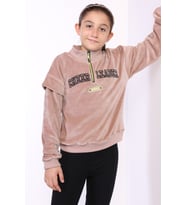 Toontoy Kız Çocuk Fermuar Detaylı Nakışlı Kadife Sweatshirt (Kahverengi)