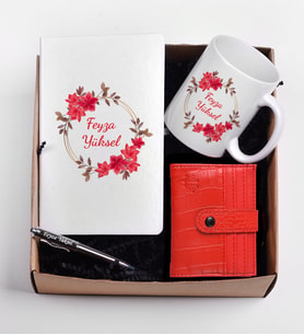 Kadınlara Özel Cüzdan İsimli Kupa Bardak Defter ve Kalem Hediye Set (Kırmızı)