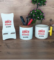 Annem Birtanemsin Hediye Sepeti Kupa Bardak T Kulplu, Kalemlik ve Ahşap Telefon Standı Anneye Doğum Günü Anneler Günü Hediyesi (Model 5)