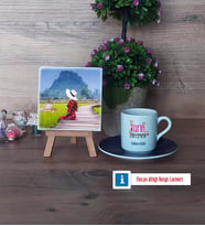 Tarih Öğretmeni Fotoğraflı Dekoratif Taş, Ahşap Altlıklı Türk Kahvesi Fincanı Hediye (Model 4)