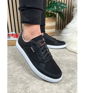 Günlük Erkek Sneaker Bağcıklı Kaymaz Taban Keten Deri Detaylı Spor Ayakkabı 2545 (Siyah - Beyaz)