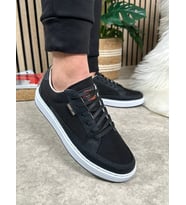 Günlük Erkek Sneaker Bağcıklı Kaymaz Taban Keten Deri Detaylı Spor Ayakkabı 2545 (Siyah - Beyaz)
