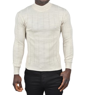 DeepSEA Erkek  Slim Fit Likralı Tüylenme Yapmayan Yarım Balıkçı Çizgili Triko Yarım Boğazlı Kazak 2505503 (Bej)