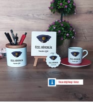 Özel Güvenlik Görevlisi Hediye Seti Dekoratif Taş, Kalemlik, Ahşap Altlıklı Türk Kahvesi Fincanı, Ahşap Anahtarlık Hediye (Model 3)