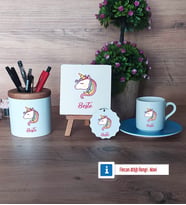 Unicorn Hediye Seti Dekoratif Taş, Kalemlik, Ahşap Altlıklı Türk Kahvesi Fincanı, Ahşap Anahtarlık Hediye (Model 5)