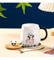 400ml Sevimli Süpriz Panda Seramik Kapaklı Kaşıklı Kupa Bardak (Beyaz)