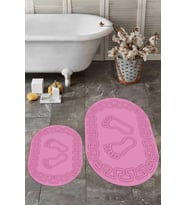 EVDEYA Dijital Yıkanabilir Çerçeveli Ayak İzi Desen İkili Oval Banyo Halısı Klozet Takımı, OKLOZET-18-BEYAZ, (Pembe)