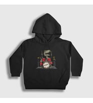 Presmono Unisex Çocuk Beyaz Dinos Dinozor Drums Bateri Kapüşonlu Sweatshirt 370847tt (Siyah)